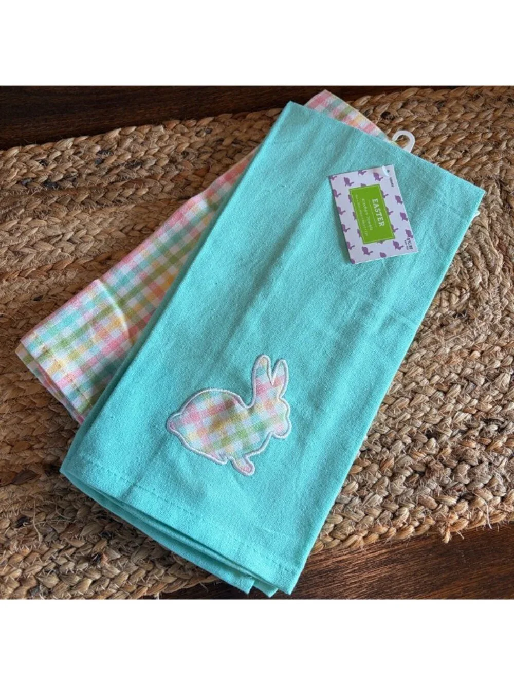 New Set of 4 Spring Easter Kitchen Towels Teal Aqua Plaid Bunny Rabbit Embroider